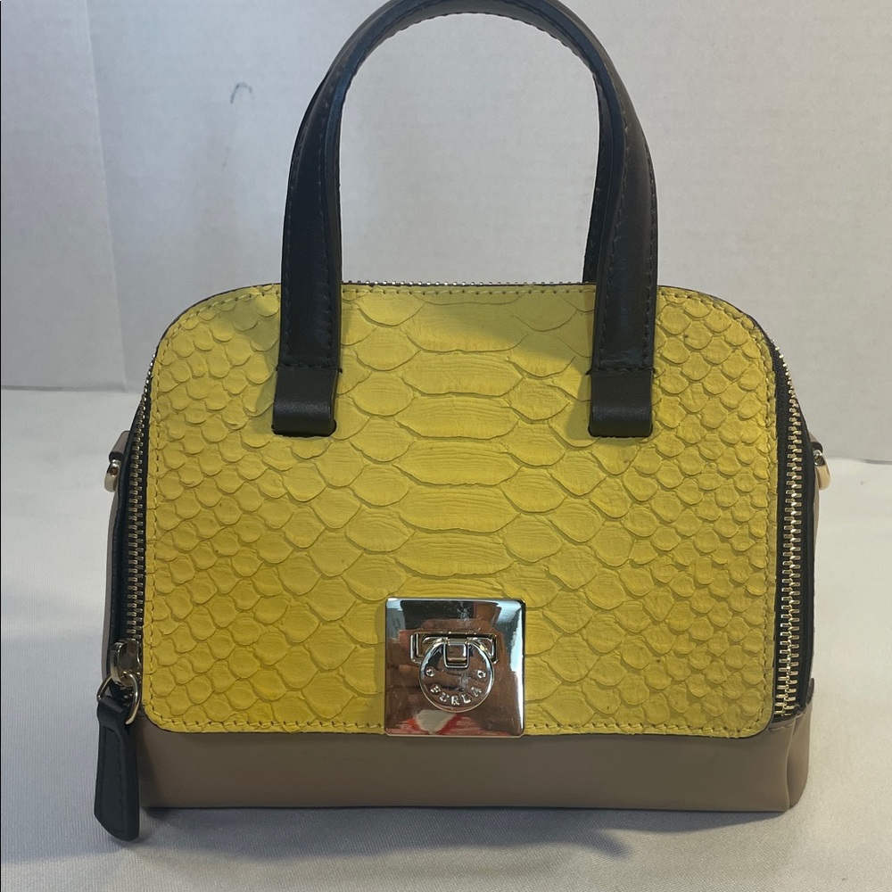 Furla Yellow Python Embossed Leather Mini Satchel… - image 1